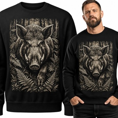 Bluza męska bez kaptura z dzikiem w leśnym gąszczu - realistyczny motyw natury