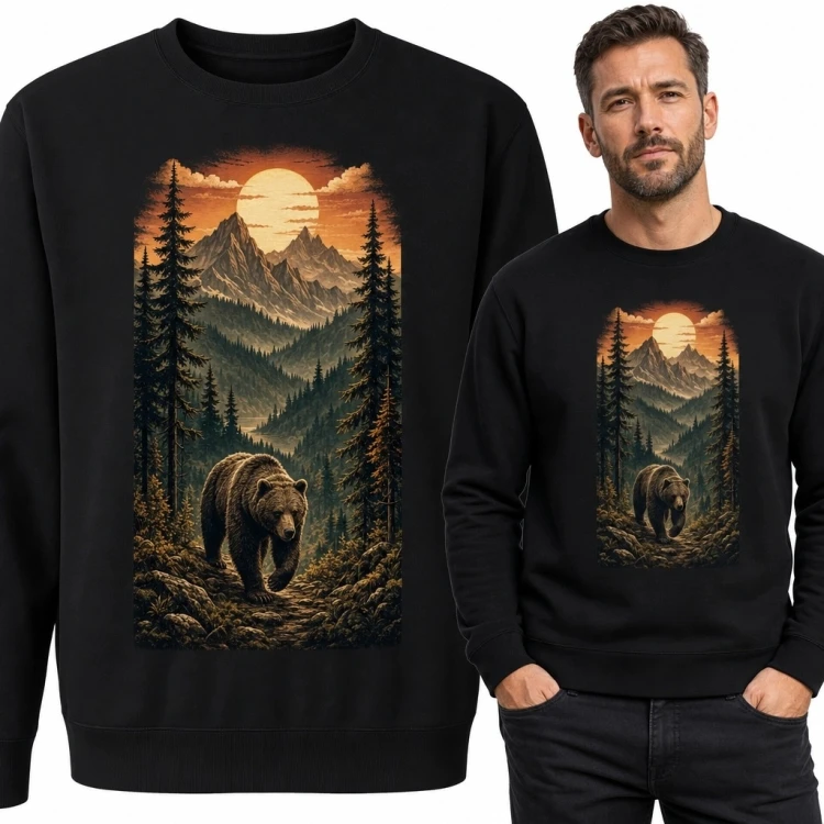 Bluza męska bez kaptura z niedźwiedziem w górskim lesie