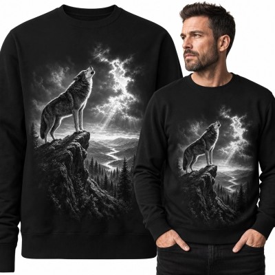 Bluza męska bez kaptura z wilkiem wyjącym na górskim urwisku - mroczny nadruk