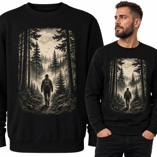 Bluza męska bez kaptura - samotny wędrowiec w mglistym lesie