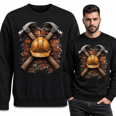 Bluza męska bez kaptura - kask budowlany, młotki i ceglany mur