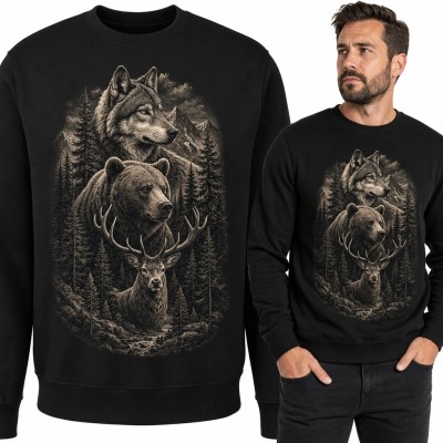 Bluza męska bez kaptura - wilk, niedźwiedź i jeleń w leśnej scenerii