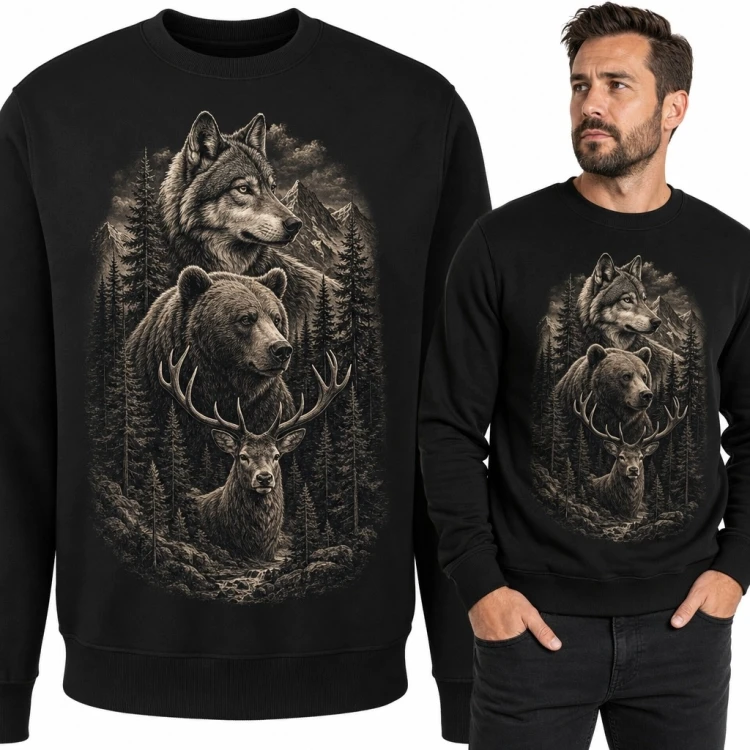 Bluza męska bez kaptura - wilk, niedźwiedź i jeleń w leśnej scenerii