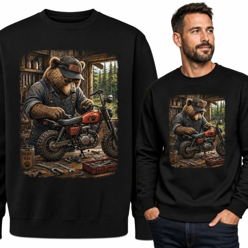 Bluza męska bez kaptura - niedźwiedź mechanik przy czerwonym motocyklu
