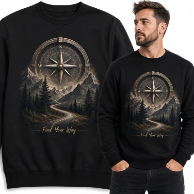 Bluza męska bez kaptura z kompasem i górami „Find Your Way” - podróżniczy wzór