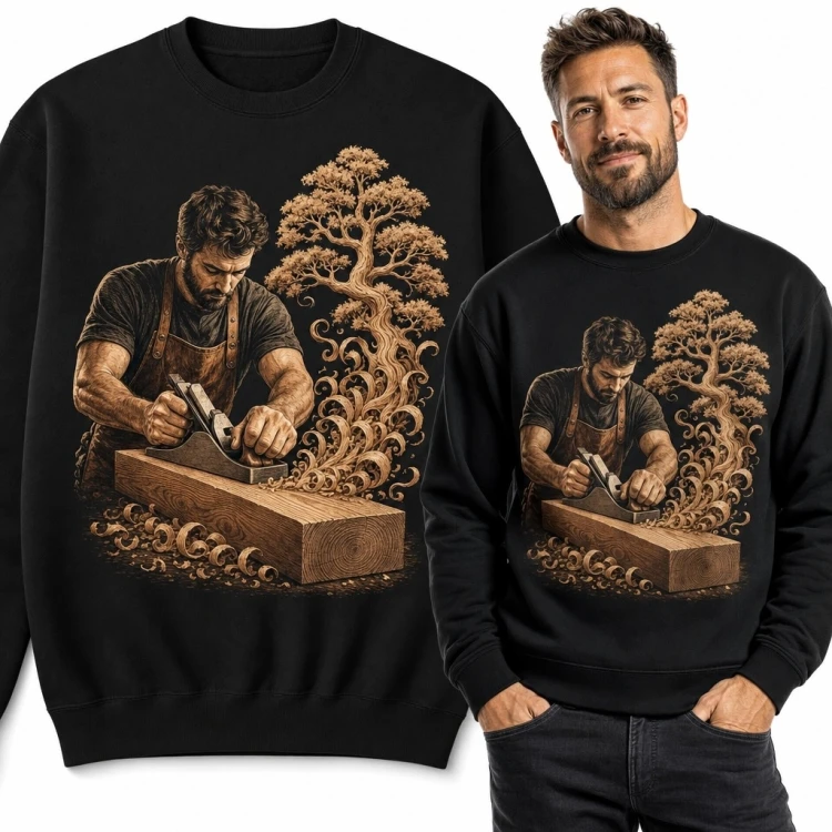 Bluza męska bez kaptura - stolarz strugający drewnianą belkę