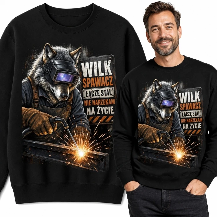 Bluza męska bez kaptura z wilkiem-spawaczem „Wilk spawacz - łączę stal, nie narzekam na życie”