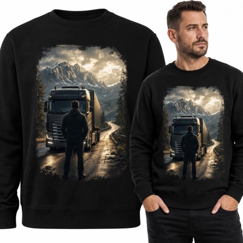 Bluza męska bez kaptura - kierowca i ciężarówka na górskiej trasie