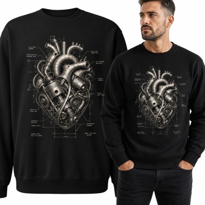 Bluza męska bez kaptura - biomechaniczne serce w industrialnym stylu