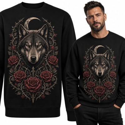 Bluza męska bez kaptura z gotyckim wilkiem - róże i półksiężyc