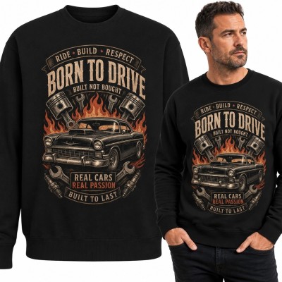 Bluza męska bez kaptura z klasycznym autem w płomieniach „Born to Drive”