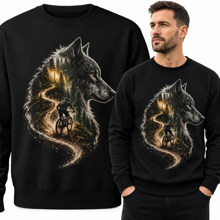 Bluza męska bez kaptura z wilkiem i rowerzystą górskim - leśny motyw MTB