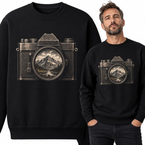 Bluza męska bez kaptura z retro aparatem i górami w obiektywie
