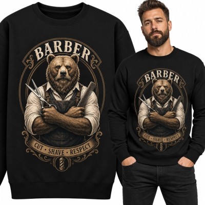Bluza męska bez kaptura „Barber” z niedźwiedziem-barberem - wzór retro