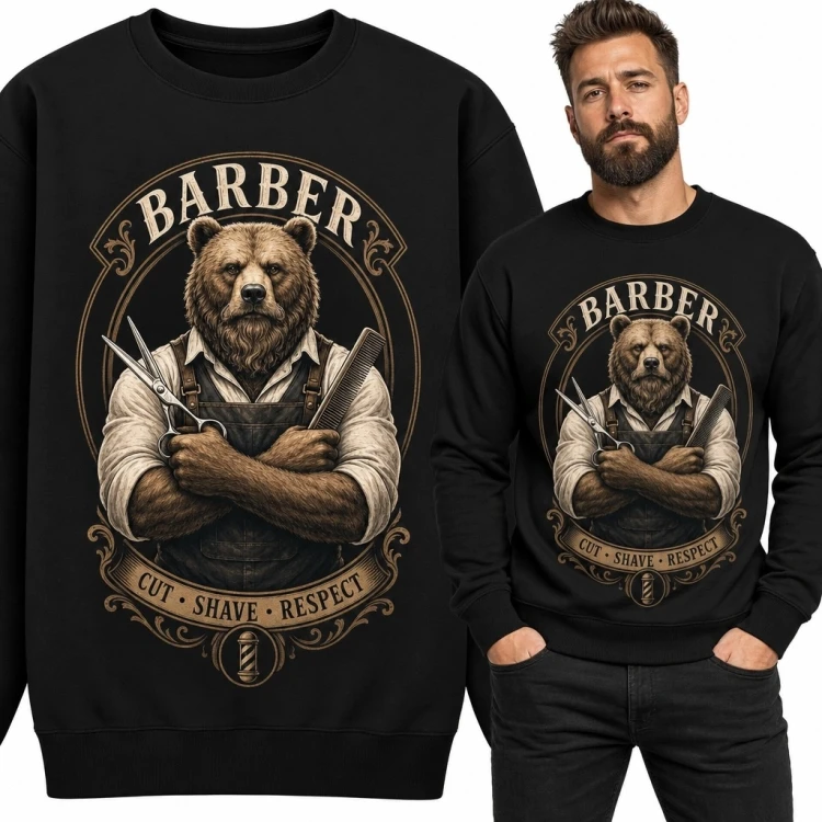 Bluza męska bez kaptura „Barber” z niedźwiedziem-barberem - wzór retro