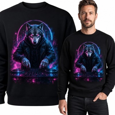 Bluza męska bez kaptura z neonowym wilkiem DJ-em - cyberpunkowy motyw muzyczny
