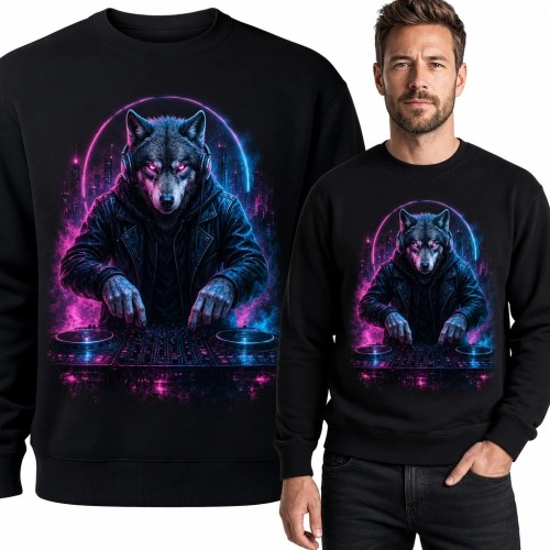 Bluza męska bez kaptura z neonowym wilkiem DJ-em - cyberpunkowy motyw muzyczny