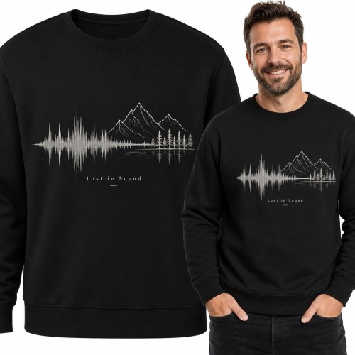 Bluza męska bez kaptura - fala dźwiękowa, góry i las