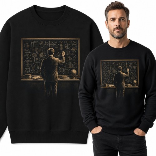 Bluza męska bez kaptura z postacią przy tablicy pełnej wzorów - styl retro