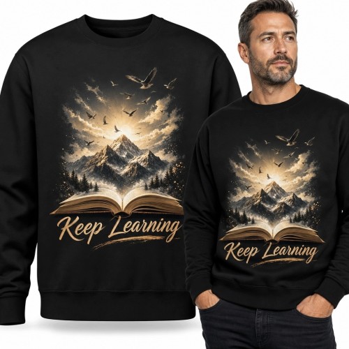 Bluza męska bez kaptura z książką i górami „Keep Learning”