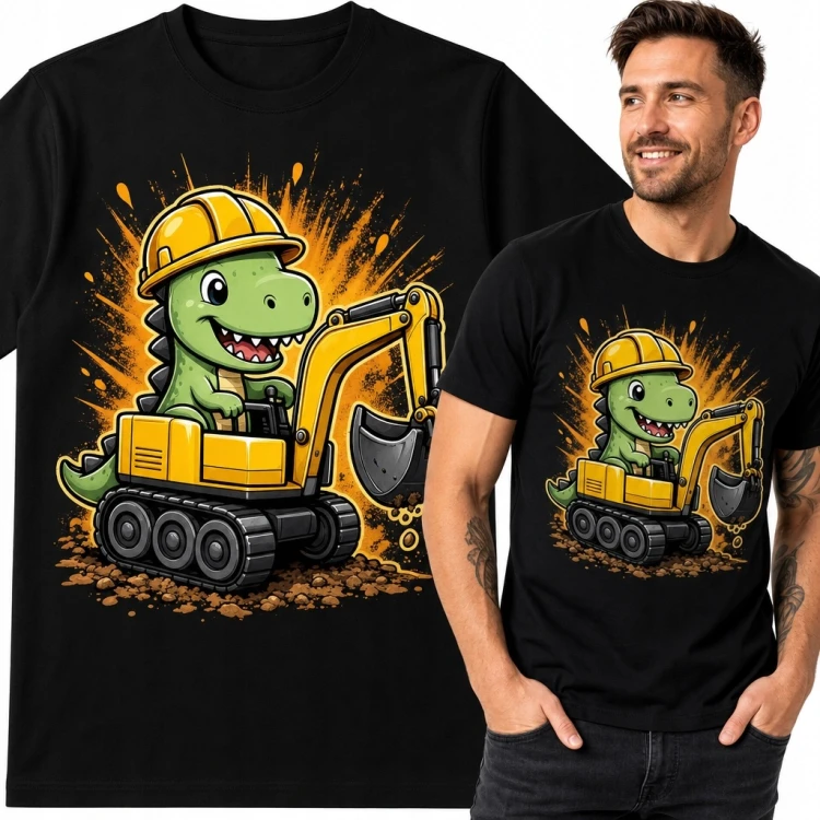 Koszulka męska z dinozaurem w koparce - humorystyczny motyw budowlany