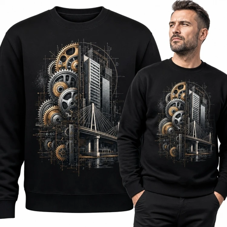 Bluza męska bez kaptura - steampunkowe miasto i koła zębate
