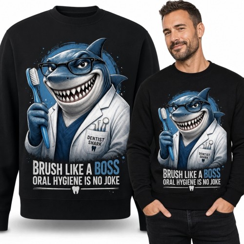 Bluza męska bez kaptura z rekinem dentystą „Brush Like a Boss” - humorystyczny nadruk