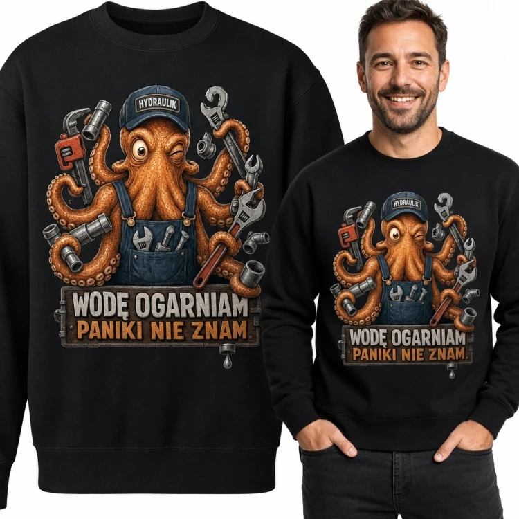 Bluza męska bez kaptura dla hydraulika z ośmiornicą „Wodę ogarniam paniki nie znam”