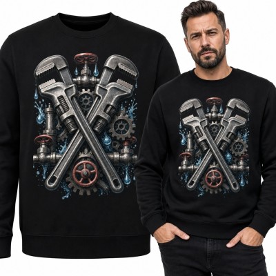 Bluza męska bez kaptura z industrialnym motywem hydraulika - skrzyżowane klucze do rur