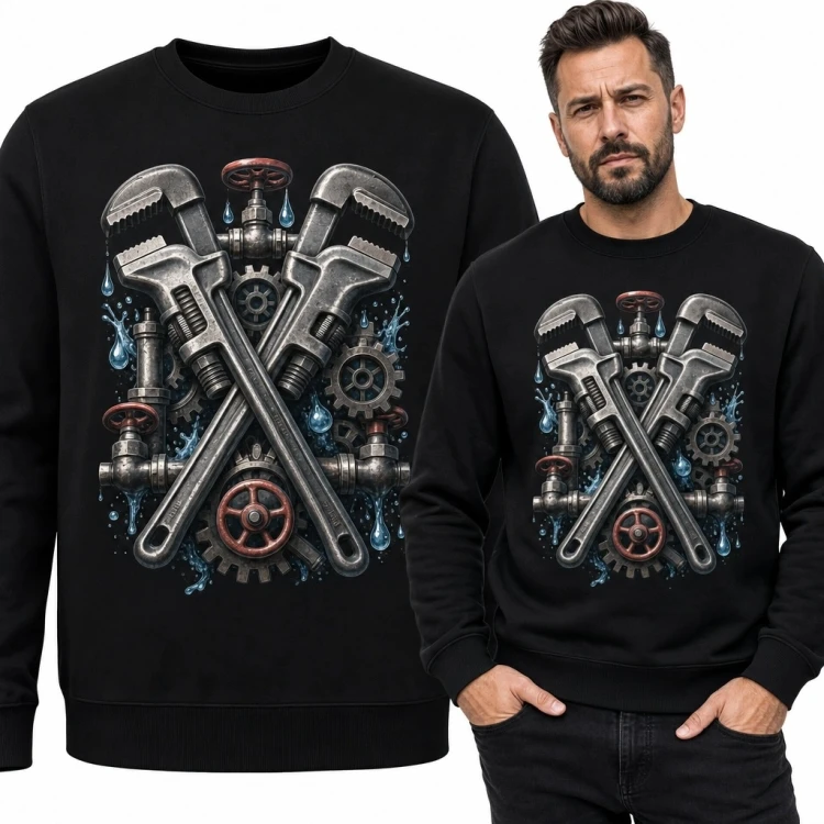 Bluza męska bez kaptura z industrialnym motywem hydraulika - skrzyżowane klucze do rur