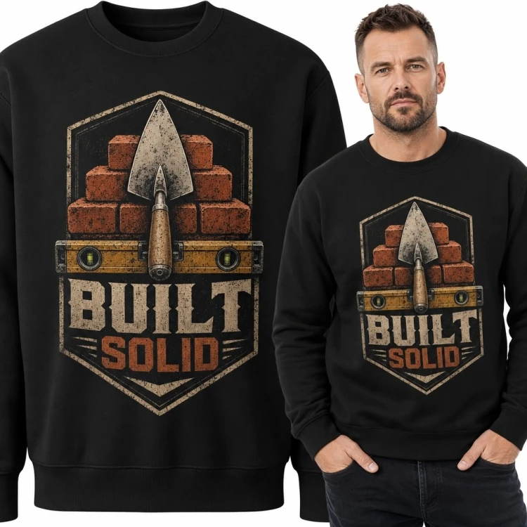 Bluza męska bez kaptura dla murarza „Built Solid” - emblemat z cegłami i kielnią