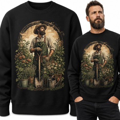 Bluza męska bez kaptura - brodaty ogrodnik z łopatą wśród kwiatów