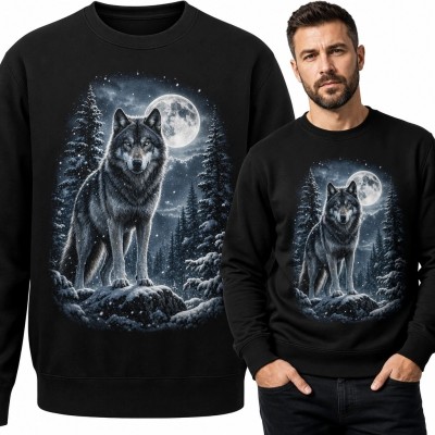 Bluza męska bez kaptura z wilkiem na skale i pełnią księżyca - mroczny zimowy las