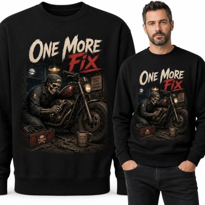 Bluza męska bez kaptura dla mechanika „One More Fix” - motocykl i czaszka