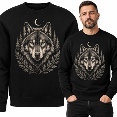 Bluza męska bez kaptura z wilkiem i sierpem księżyca - leśny motyw