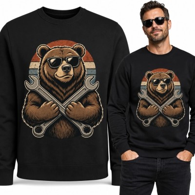 Bluza męska bez kaptura - retro niedźwiedź mechanik ze skrzyżowanymi kluczami
