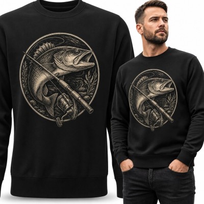 Bluza męska bez kaptura - drapieżna ryba i wędka w stylu retro