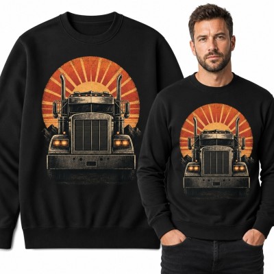 Bluza męska bez kaptura - amerykańska ciężarówka o zachodzie słońca