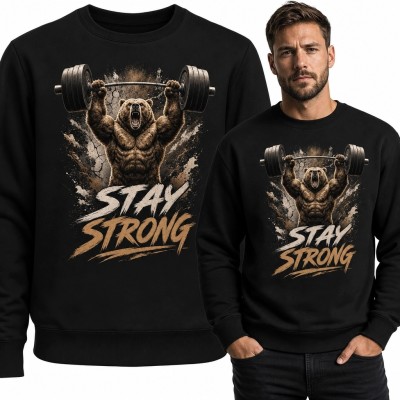 Bluza męska bez kaptura z niedźwiedziem ciężarowcem - „Stay Strong”