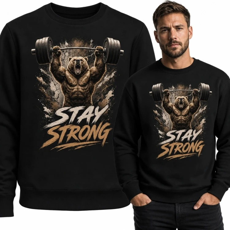 Bluza męska bez kaptura z niedźwiedziem ciężarowcem - „Stay Strong”
