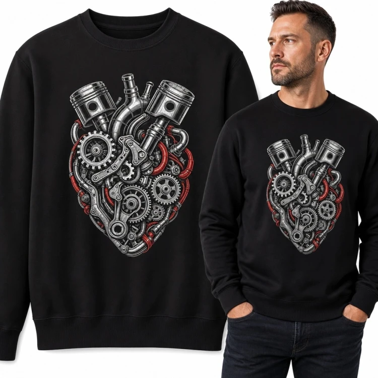 Bluza męska bez kaptura - mechaniczne serce z tłoków i kół zębatych