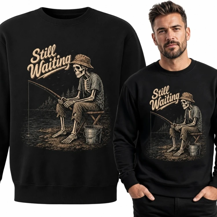 Bluza męska bez kaptura ze szkieletem wędkarza „Still Waiting” - czarny humor