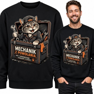 Bluza męska bez kaptura z kotem-mechanikiem „Mechanik z powołania” - warsztatowy humor