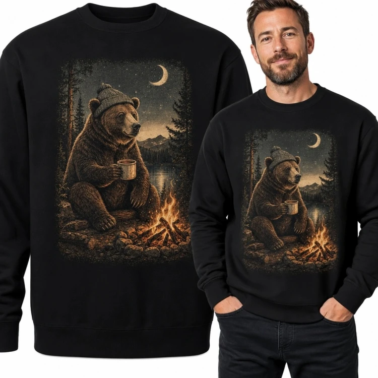 Bluza męska bez kaptura z niedźwiedziem przy ognisku - nocny las