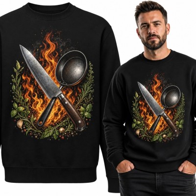Bluza męska bez kaptura - nóż kuchenny i patelnia w płomieniach