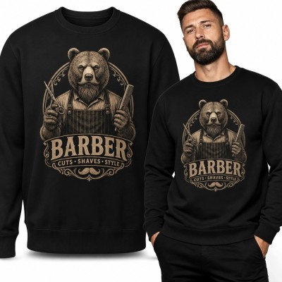 Bluza męska bez kaptura „Barber” z niedźwiedziem w stylu retro