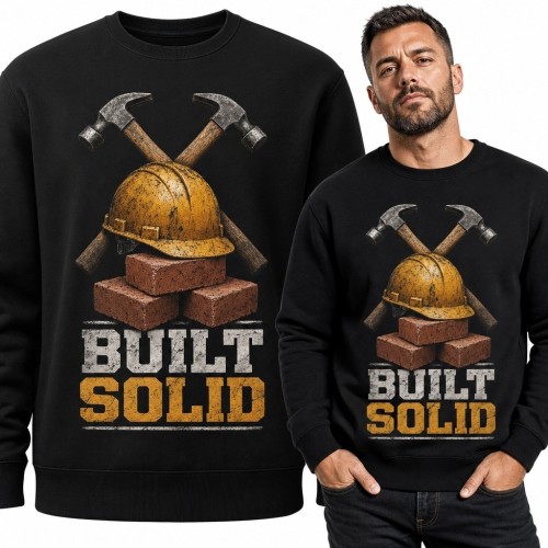 Bluza męska bez kaptura dla budowlańca „Built Solid” - motyw kasku i młotków