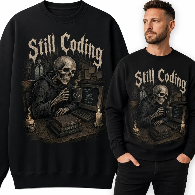 Bluza męska bez kaptura „Still Coding” - szkielet z laptopem wśród świec