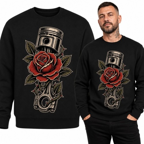Bluza męska bez kaptura - czerwona róża z tłokiem silnika