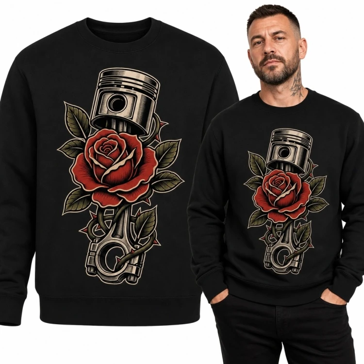 Bluza męska bez kaptura - czerwona róża z tłokiem silnika